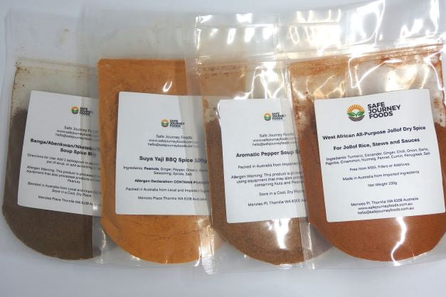 Spices by Safe Journey Foods Cameroon Pepper, Uda Hwentia Etso, Suya Yaji BBQ Spice and Aromatic Pepper Soup Spice Blend